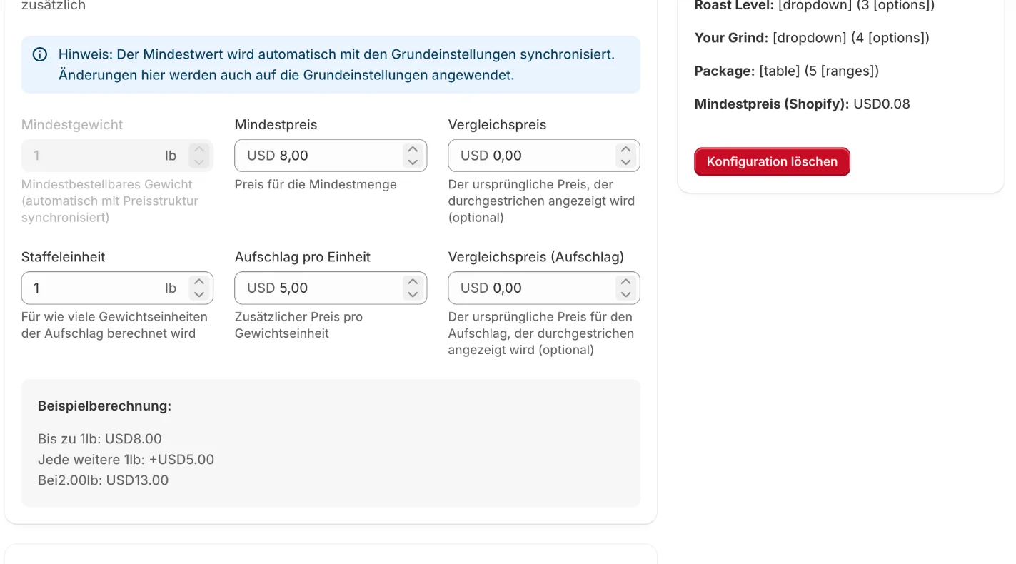 Preisstruktur mit Mindestpreis, Aufschlag und Beispielberechnung