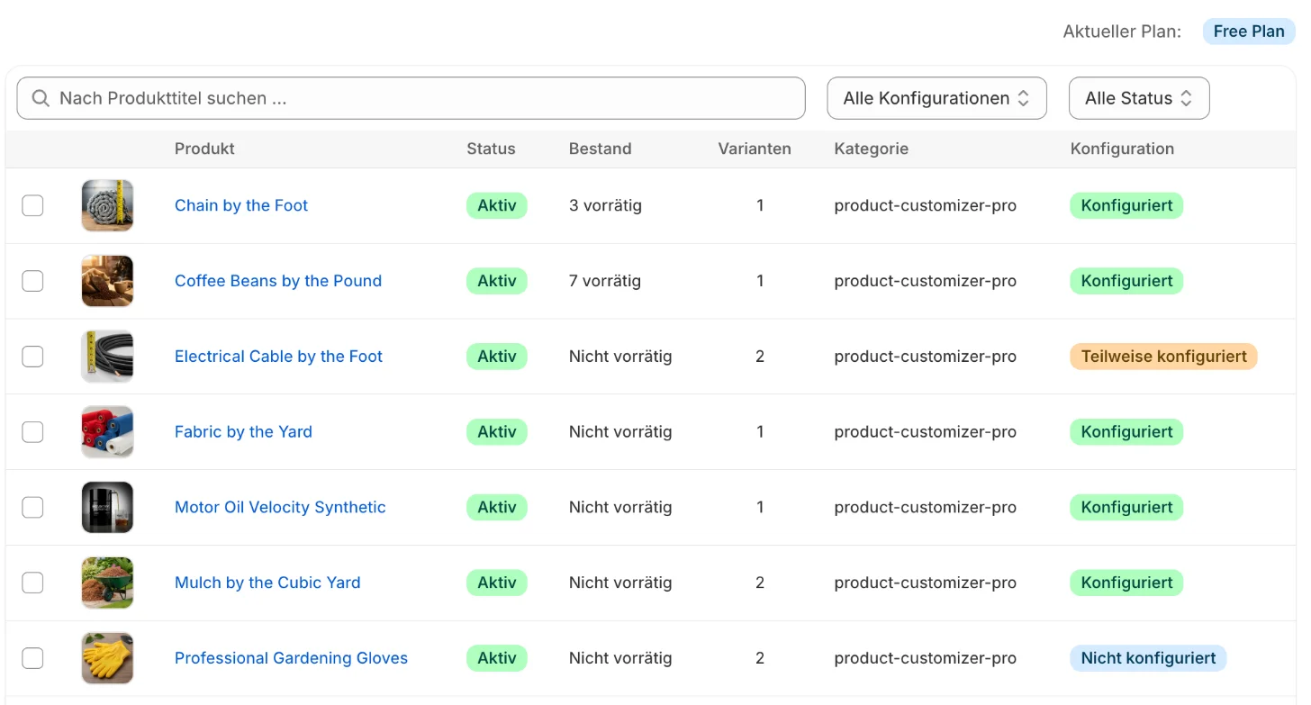 Dashboard der App mit Produktliste und Konfigurationsstatus
